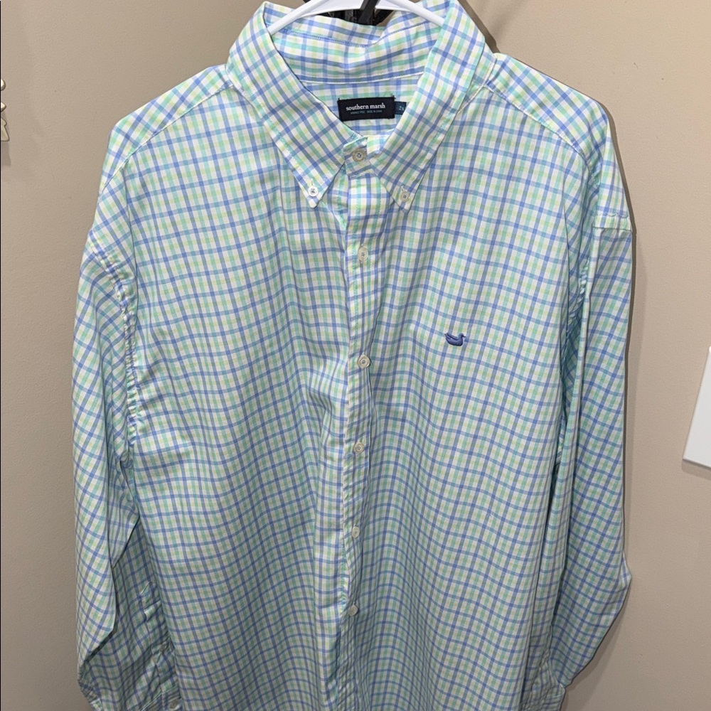 Southern Marsh Men's Light Blue and Green Checkered Shirt